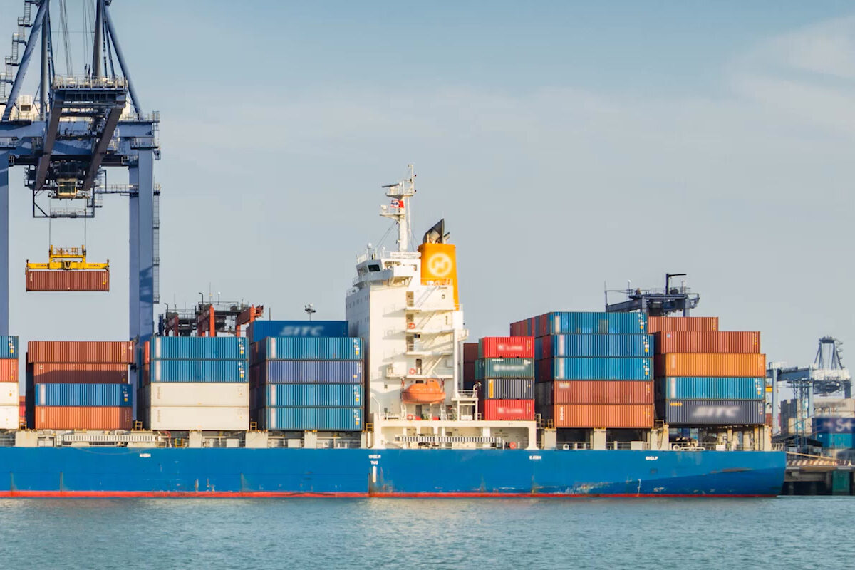 Containers stacked on a cargo ship at berth
