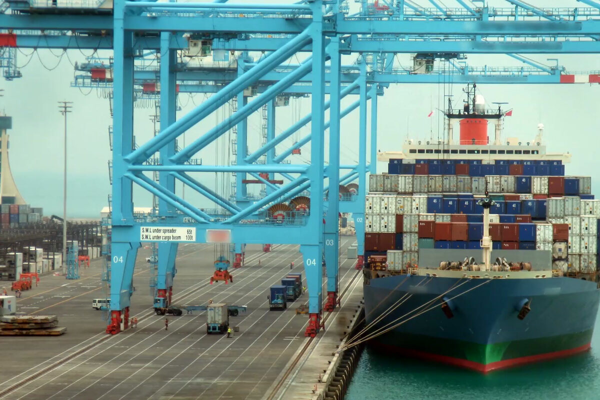 Ship-to-shore gantry cranes at a container terminal